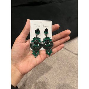 Green Crystal earrings large dark green rhinestone emerald pine green earrings